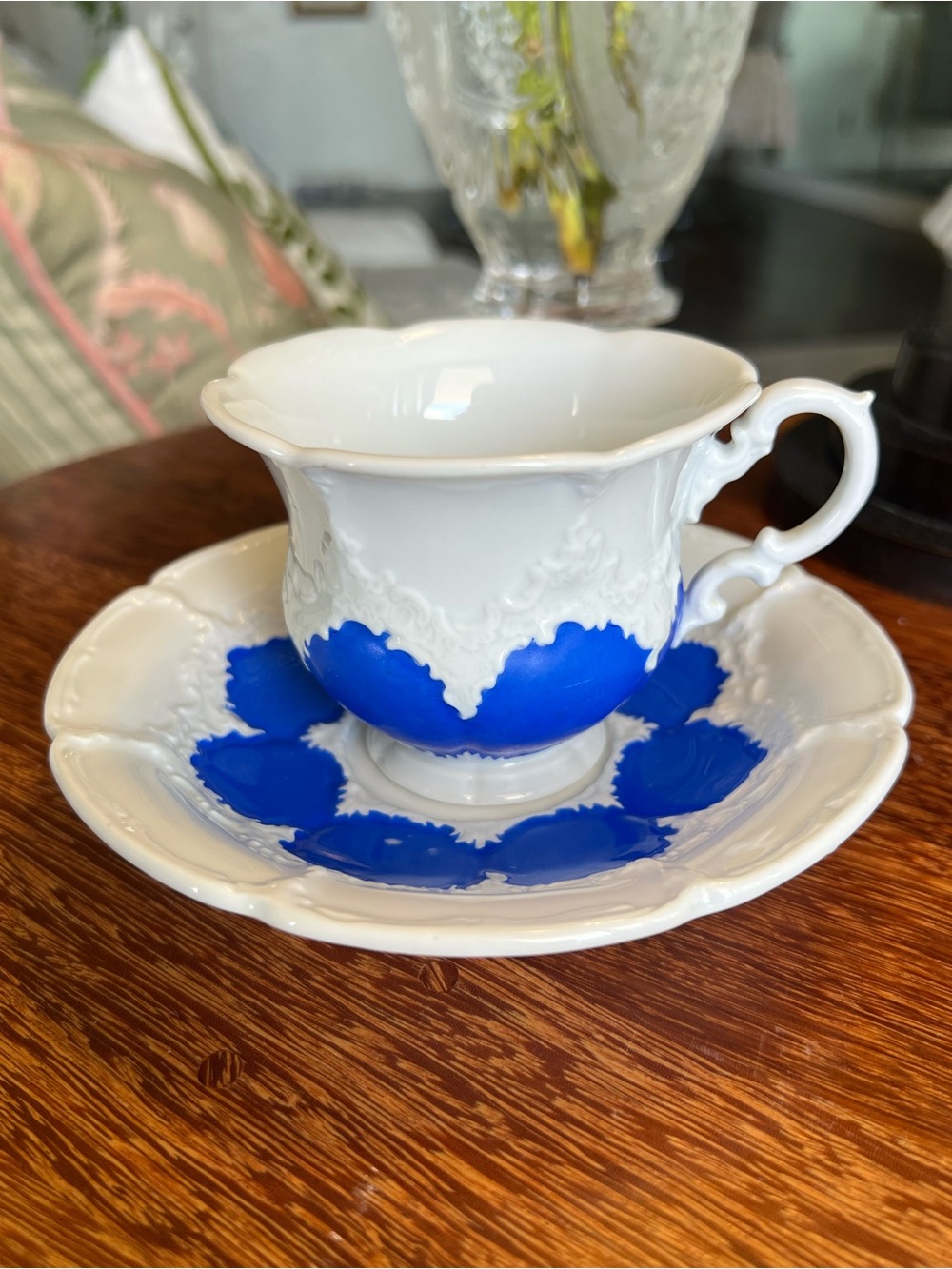 Authentic Meissen B-Form Cobalt Blue and White Porcelain Teacup & Saucer Set